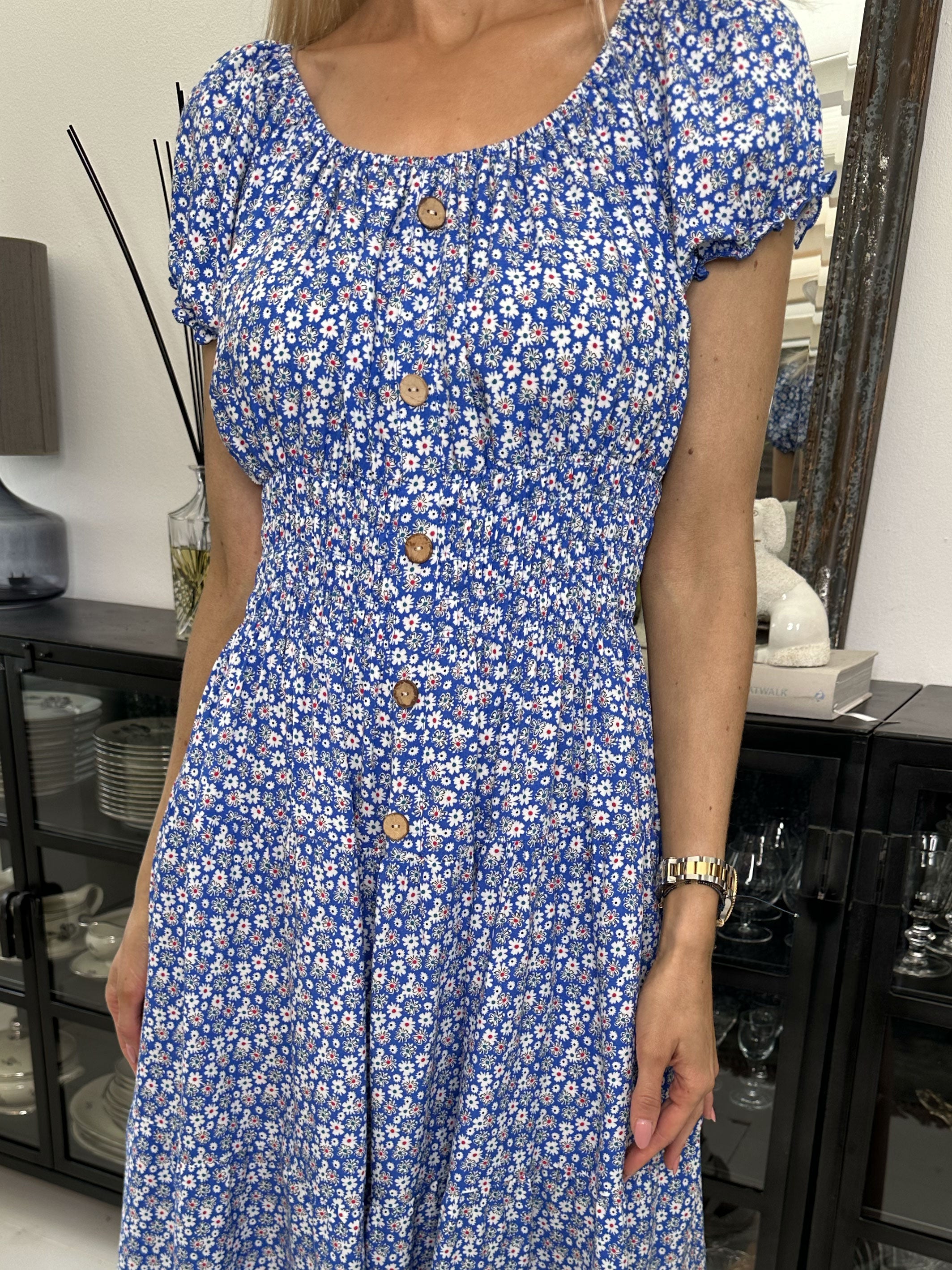 Finalia flower short - Sød småblomstret kjole med pufærmer og elastik i taljen